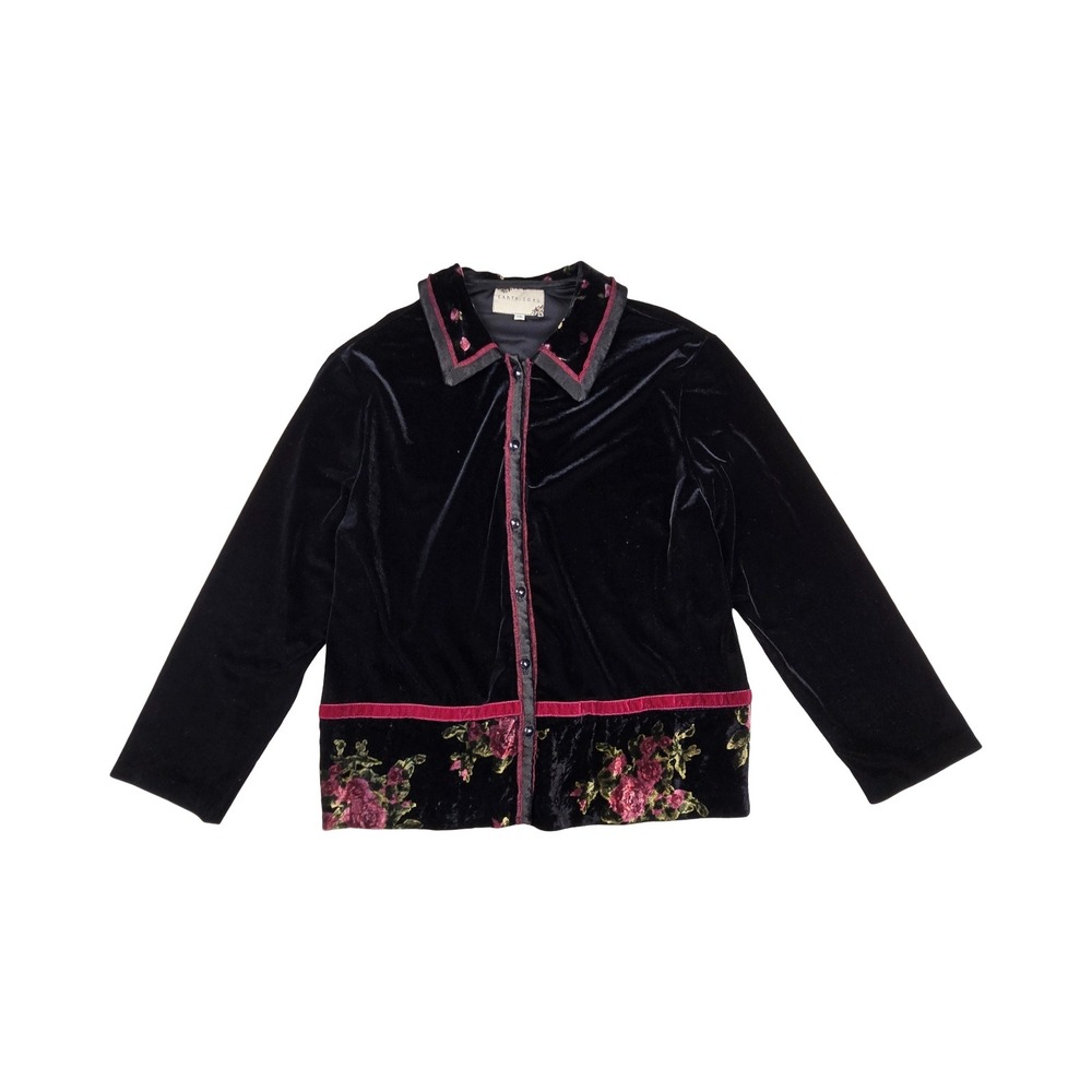 Earth Song Black Velvet Floral Trim Button Up Sweater Whimsigoth Vintage 90s USA